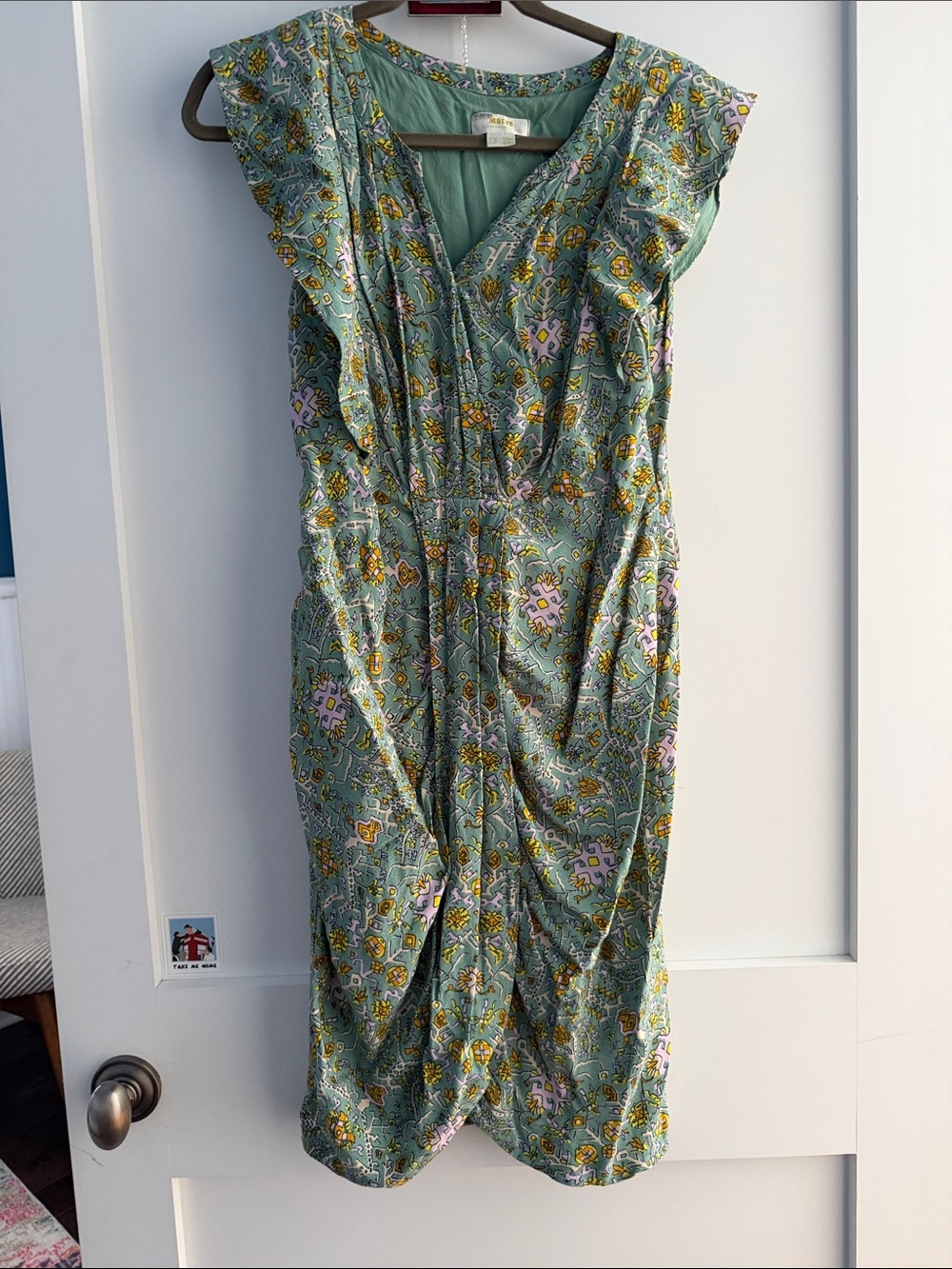 Maeve Green Floral V-Neck Midi Dress with Ruffle Sleeves